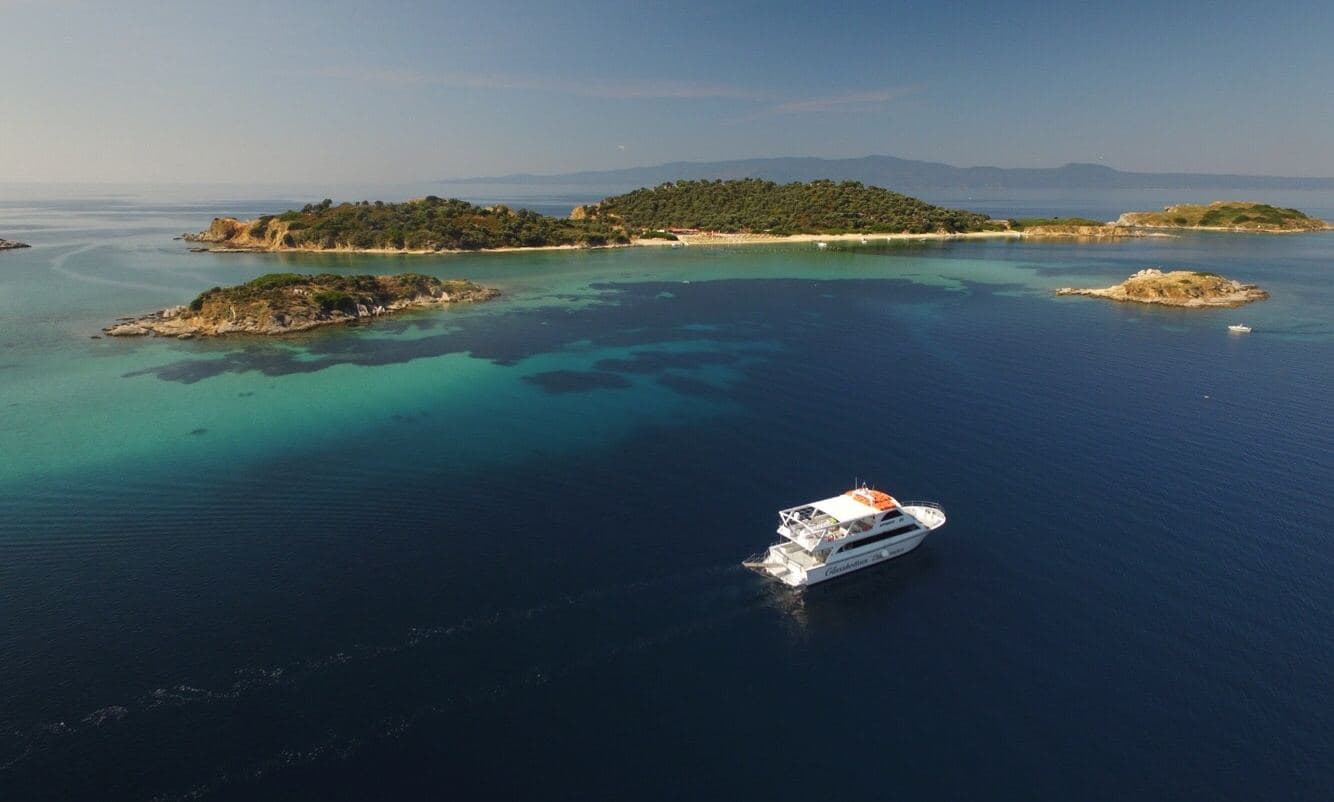 Private Breathtaking Sunset on Board with Eirinikos Glassbottom in Halkidiki Greece – Ouranoupoli