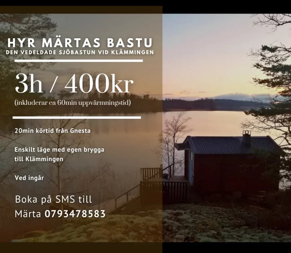 Idyllisk vedeldad bastu vid sjön Klämmingen, Gnesta – Gnesta