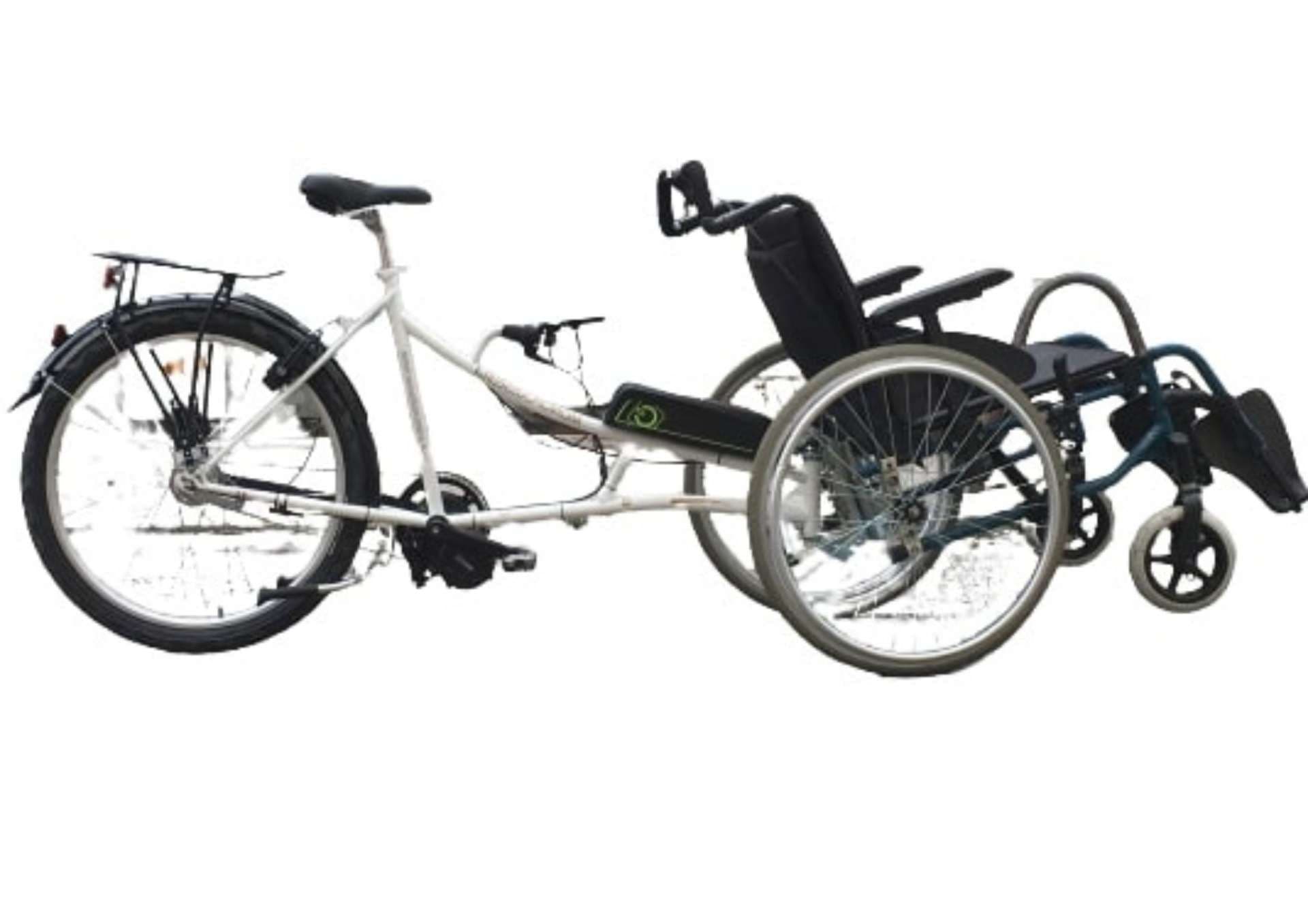 Half-E-bike fixed to a wheelchair (for persons with limited mobility)